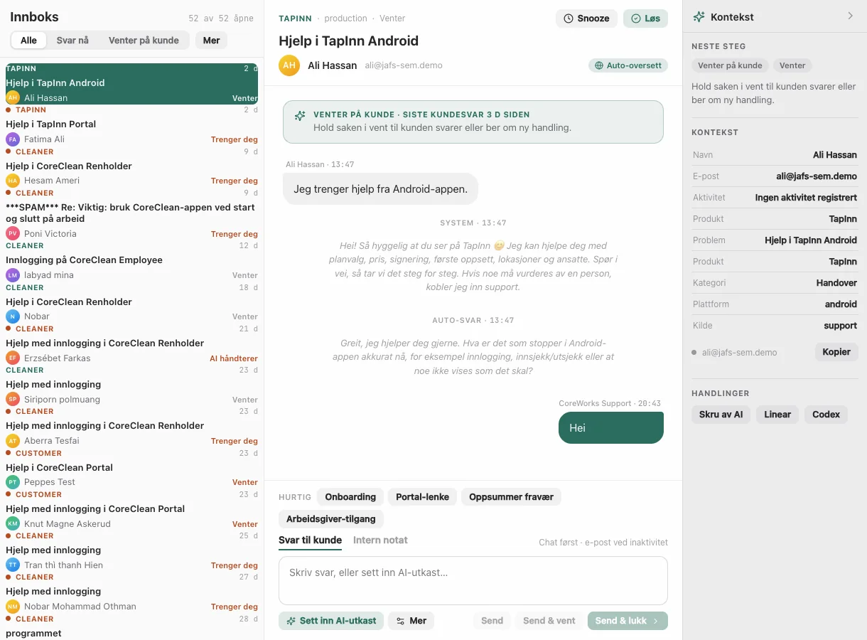 Varde support workspace med innboks, samtale og kontekst